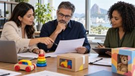 Consultores e auditores analisando documentos de certificação de brinquedos