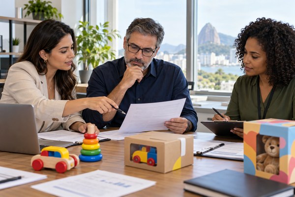 Consultores e auditores analisando documentos de certificação de brinquedos
