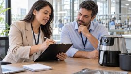 Auditora com checklist em reunião sobre certificação de eletrodomésticos